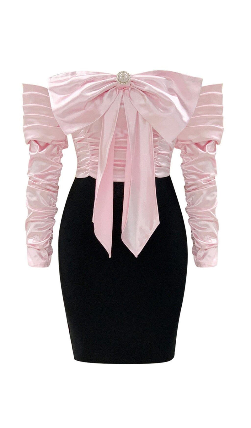 SPLICING ONE LINE SHOULDER LARGE BOW DRESS IN BLACK AND PINK