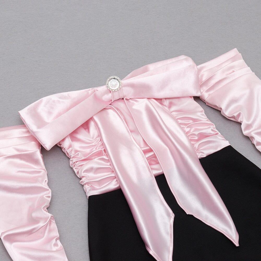 AIIZIE SPLICING ONE LINE SHOULDER LARGE BOW DRESS IN BLACK AND PINK - product image
