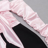 SPLICING ONE LINE SHOULDER LARGE BOW DRESS IN BLACK AND PINK