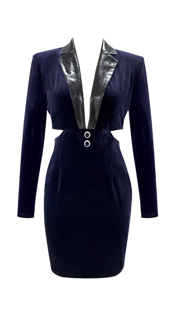 AIIZIE VELVET HOLLOWED OUT V-NECK DRESS IN DARK BLUE - product image