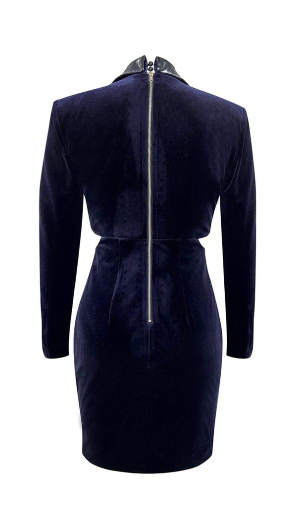 AIIZIE VELVET HOLLOWED OUT V-NECK DRESS IN DARK BLUE - product image