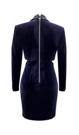 VELVET HOLLOWED OUT V-NECK DRESS IN DARK BLUE