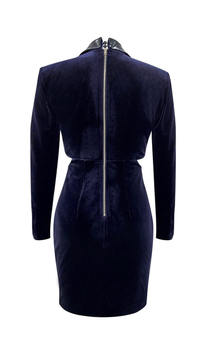 VELVET HOLLOWED OUT V-NECK DRESS IN DARK BLUE