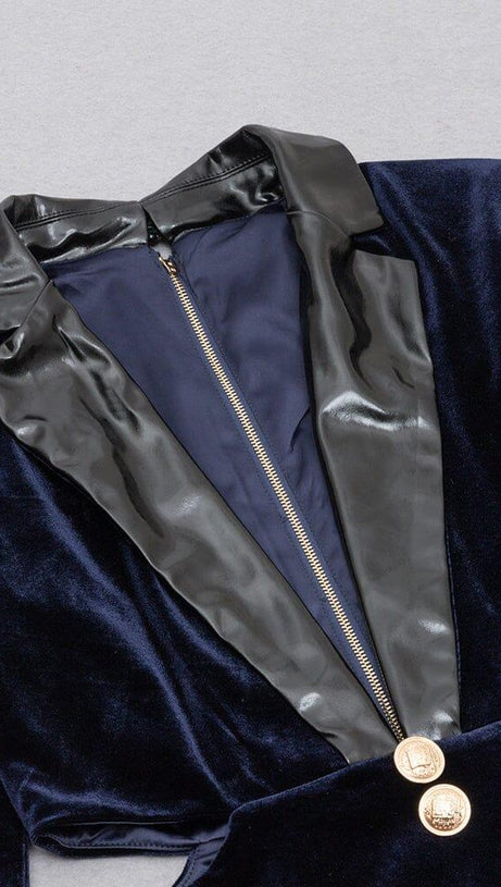 VELVET HOLLOWED OUT V-NECK DRESS IN DARK BLUE