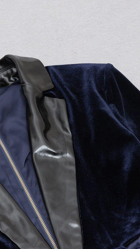 VELVET HOLLOWED OUT V-NECK DRESS IN DARK BLUE