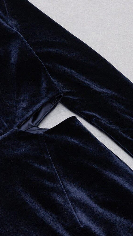 VELVET HOLLOWED OUT V-NECK DRESS IN DARK BLUE
