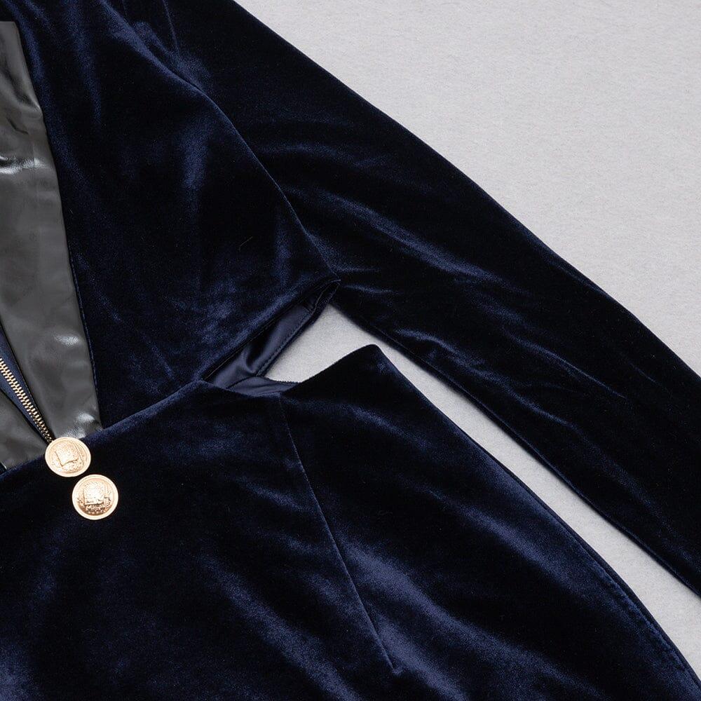 AIIZIE VELVET HOLLOWED OUT V-NECK DRESS IN DARK BLUE - product image