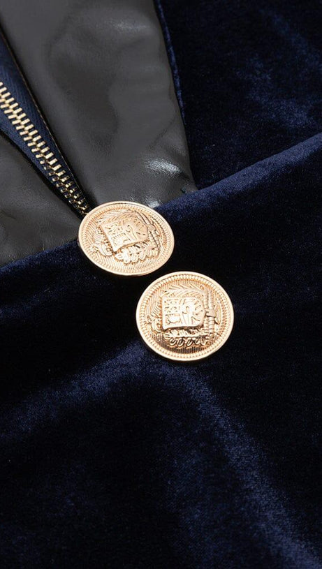 VELVET HOLLOWED OUT V-NECK DRESS IN DARK BLUE