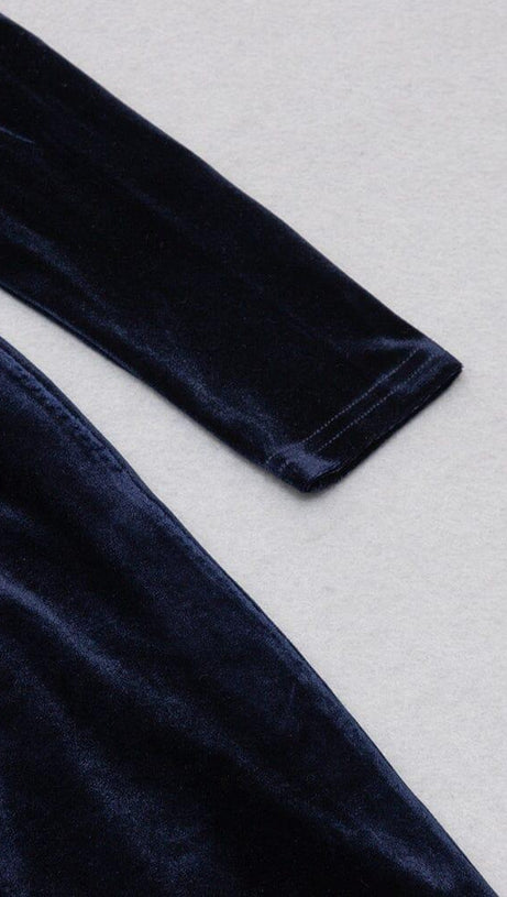 VELVET HOLLOWED OUT V-NECK DRESS IN DARK BLUE