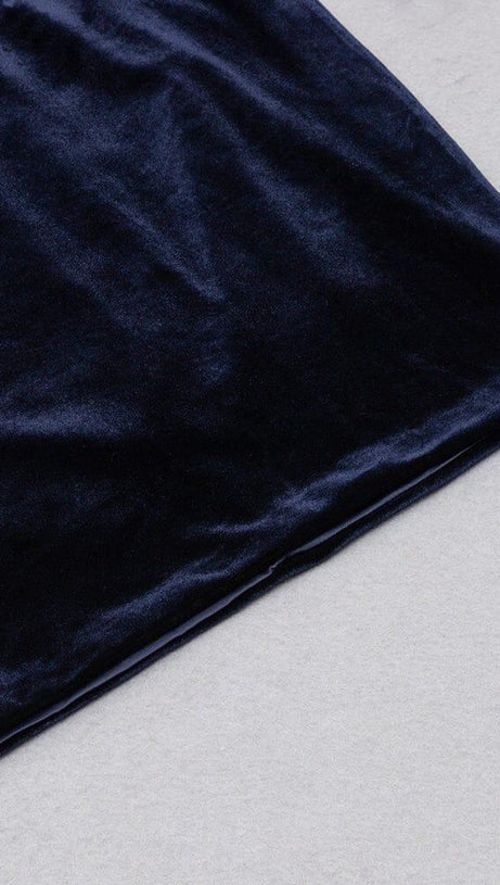 VELVET HOLLOWED OUT V-NECK DRESS IN DARK BLUE