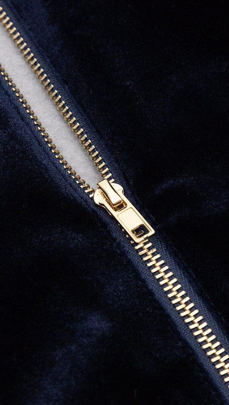 VELVET HOLLOWED OUT V-NECK DRESS IN DARK BLUE