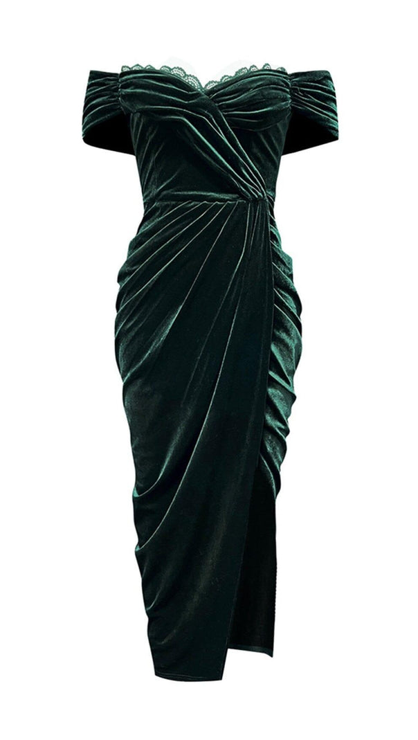 AIIZIE VELVET ONE-LINE SHOULDER HIGH SLIT DRESS IN DARK GREEN - product image