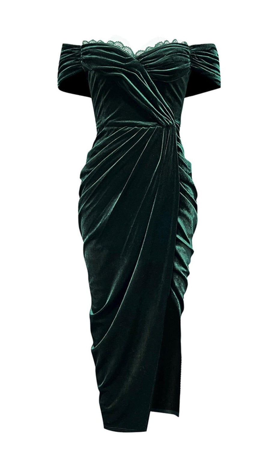 SAMTKLEID MIT EINZELNEM SCHULTERSCHLITZ UND HOHER SCHLITZUNG IN DUNKELGRÜN