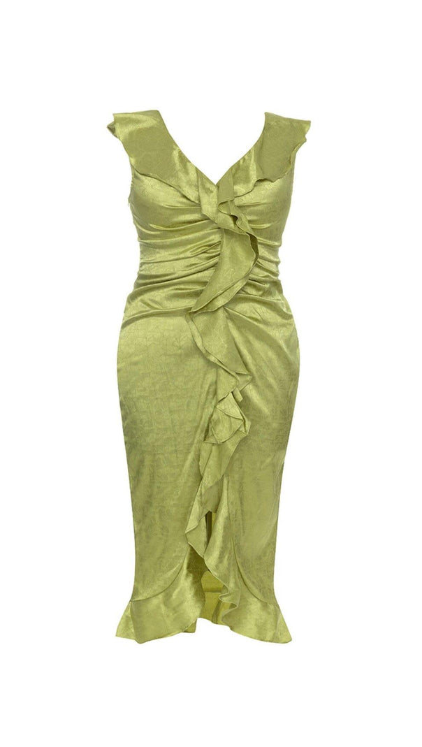 AIIZIE PLUS RUFFLE TRIM SATIN DRESS IN GREEN - product image
