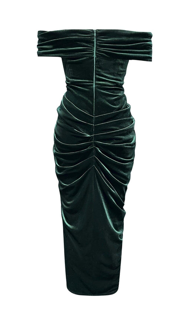 AIIZIE VELVET ONE-LINE SHOULDER HIGH SLIT DRESS IN DARK GREEN - product image