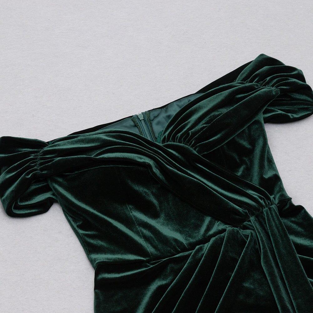 AIIZIE VELVET ONE-LINE SHOULDER HIGH SLIT DRESS IN DARK GREEN - product image