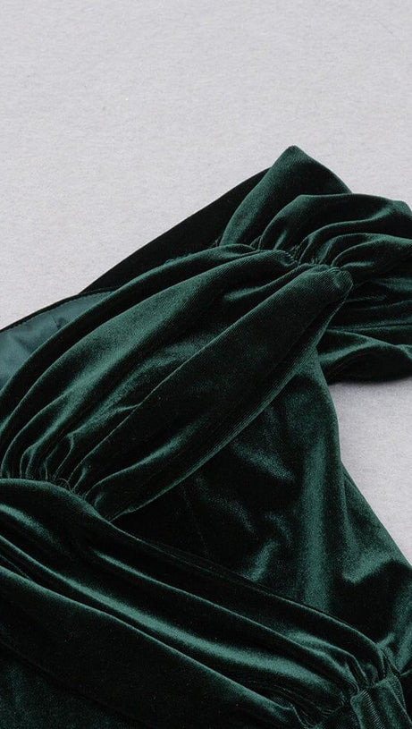 VELVET ONE-LINE SHOULDER HIGH SLIT DRESS IN DARK GREEN