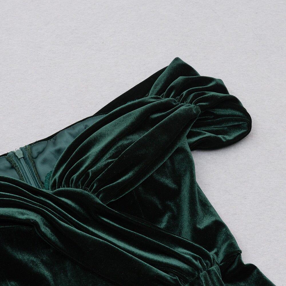 AIIZIE VELVET ONE-LINE SHOULDER HIGH SLIT DRESS IN DARK GREEN - product image