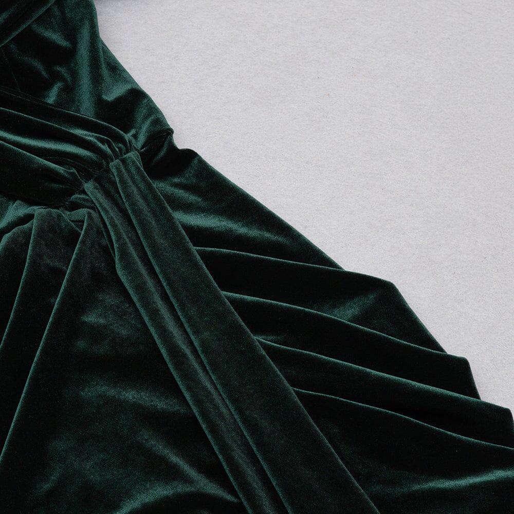 AIIZIE VELVET ONE-LINE SHOULDER HIGH SLIT DRESS IN DARK GREEN - product image