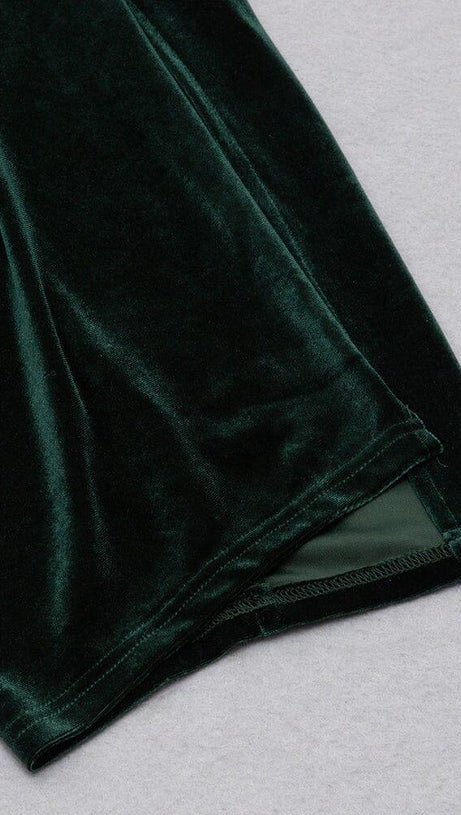 VELVET ONE-LINE SHOULDER HIGH SLIT DRESS IN DARK GREEN