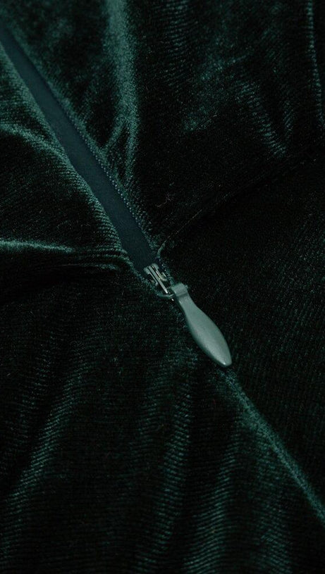 VELVET ONE-LINE SHOULDER HIGH SLIT DRESS IN DARK GREEN