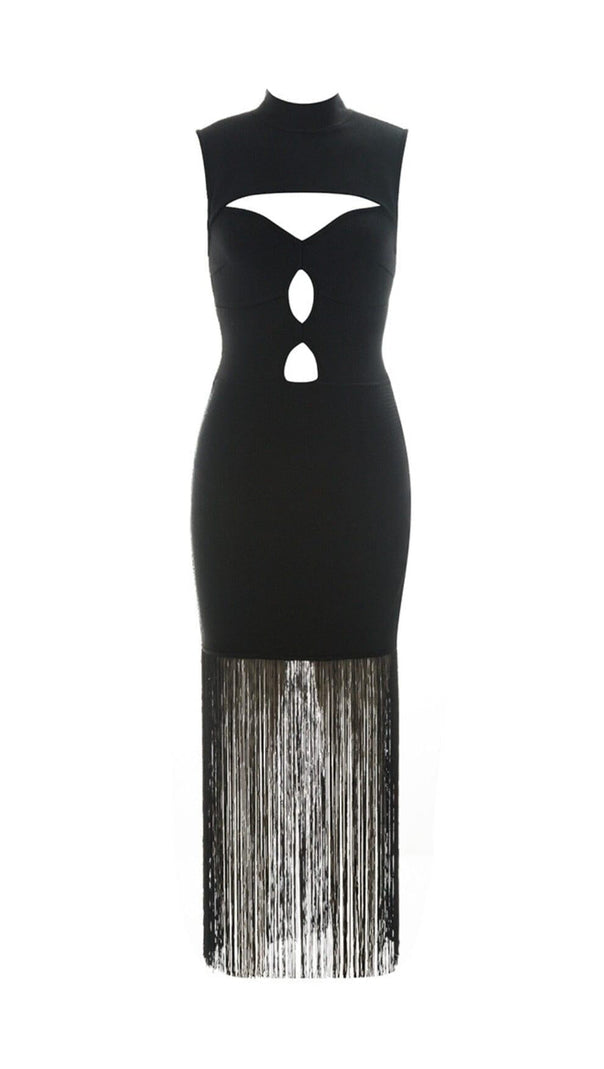 AIIZIE SLEEVELESS HOLLOWED OUT FRINGE DRESS IN BLACK - product image