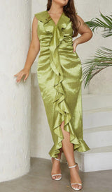 PLUS RUFFLE TRIM SATIN DRESS IN GREEN