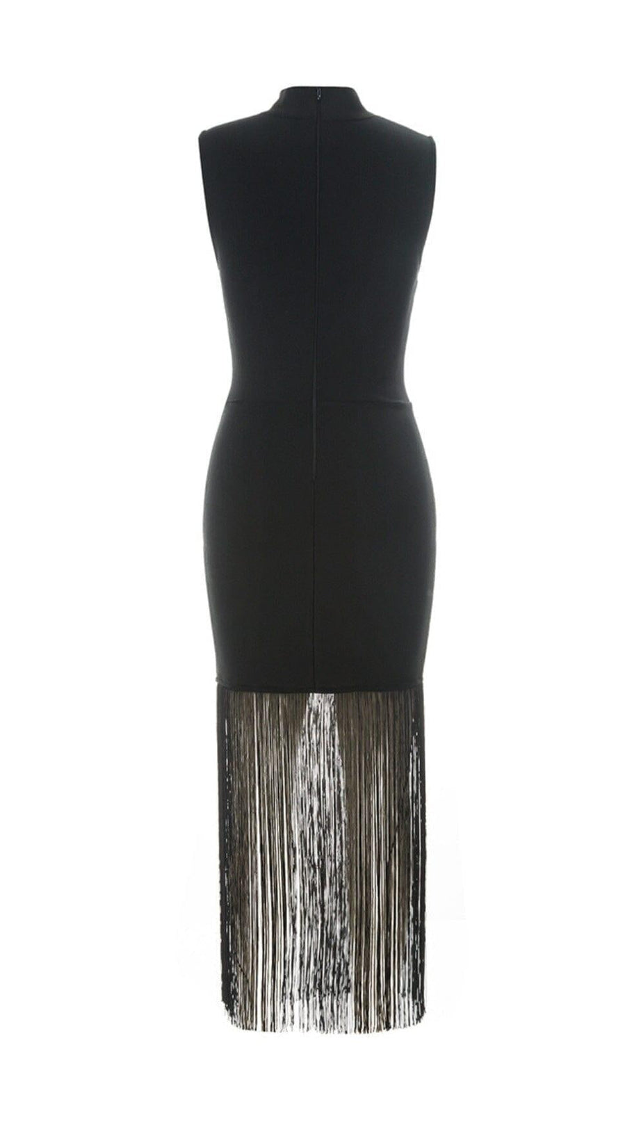 SLEEVELESS HOLLOWED OUT FRINGE DRESS IN BLACK