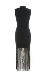 SLEEVELESS HOLLOWED OUT FRINGE DRESS IN BLACK