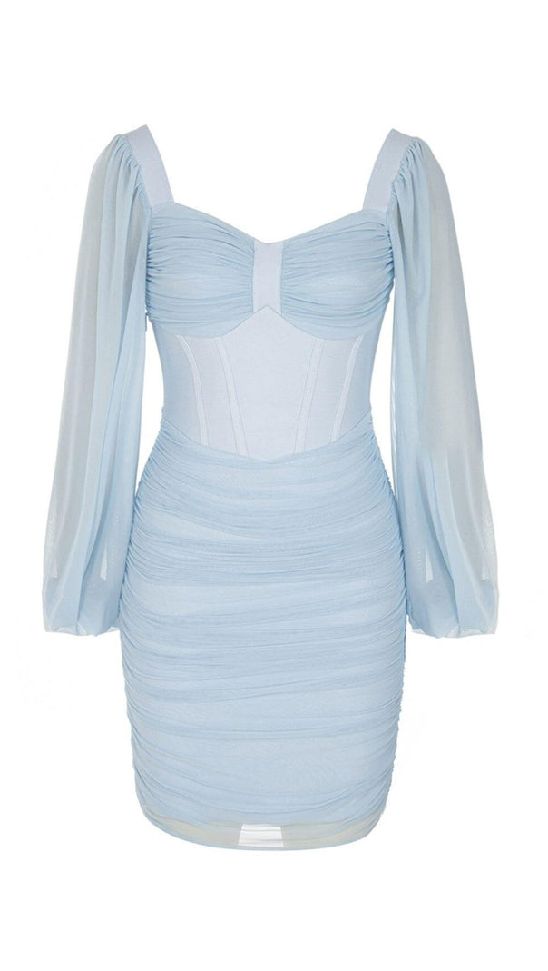 AIIZIE FISHBONE RUCKED WAIST ONE-LINE SHOULDER DRESS IN LIGHT BLUE - product image