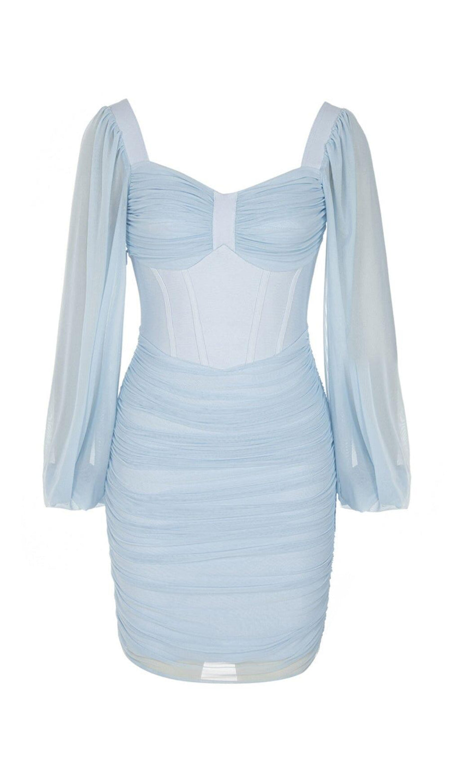 FISHBONE RUCKED WAIST ONE-LINE SHOULDER DRESS IN LIGHT BLUE