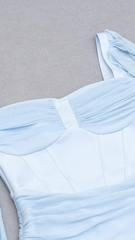 FISHBONE RUCKED WAIST ONE-LINE SHOULDER DRESS IN LIGHT BLUE