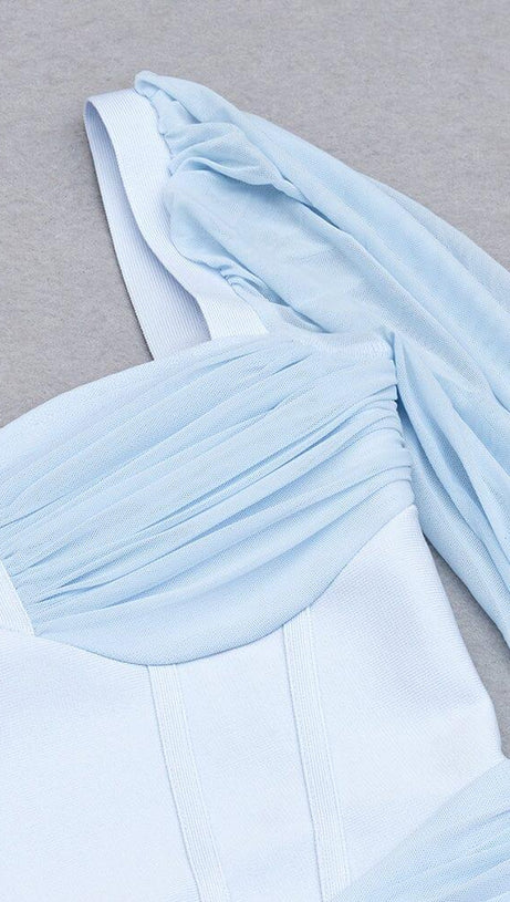 FISHBONE RUCKED WAIST ONE-LINE SHOULDER DRESS IN LIGHT BLUE