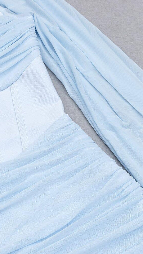 FISHBONE RUCKED WAIST ONE-LINE SHOULDER DRESS IN LIGHT BLUE