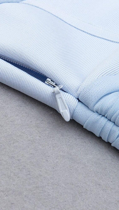 FISHBONE RUCKED WAIST ONE-LINE SHOULDER DRESS IN LIGHT BLUE