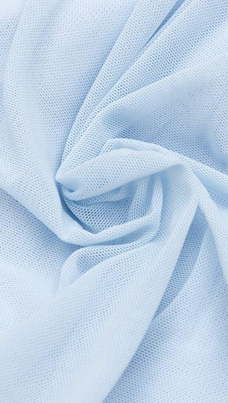 FISHBONE RUCKED WAIST ONE-LINE SHOULDER DRESS IN LIGHT BLUE