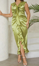 PLUS RUFFLE TRIM SATIN DRESS IN GREEN