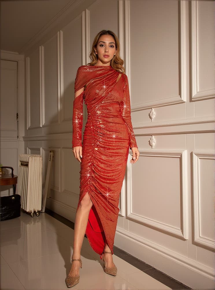 AIIZIE TIAGO CUTOUT RUCHED SEQUIN DRESS - product image