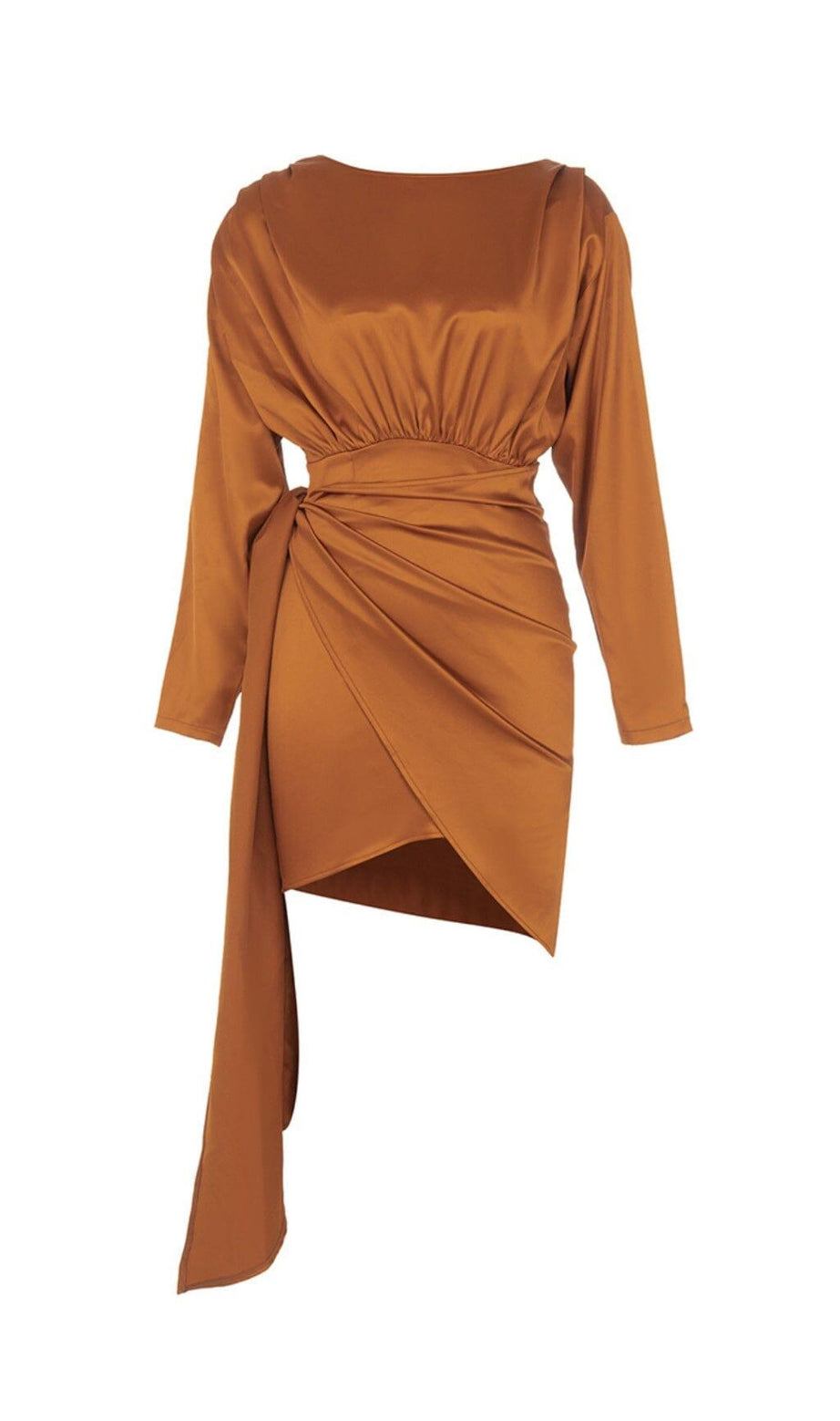 WICKELKLEID MIT UNREGELMÄSSIGEM RÜSCHEN UND GESÄTTELTEM PO IN KARAMELL