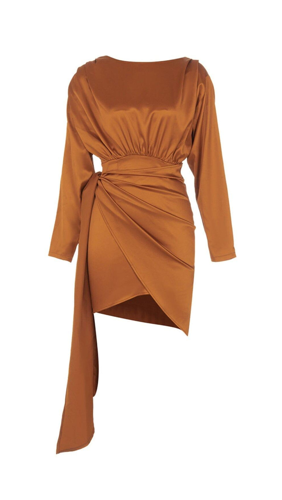 WICKELKLEID MIT UNREGELMÄSSIGEM RÜSCHEN UND GESÄTTELTEM PO IN KARAMELL