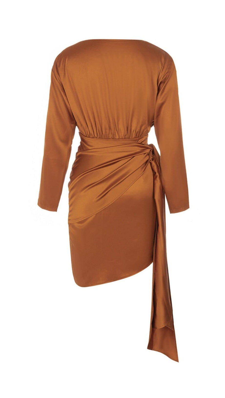 IRREGULAR RUFFLED BUTTOCK WRAP DRESS IN CARAMEL