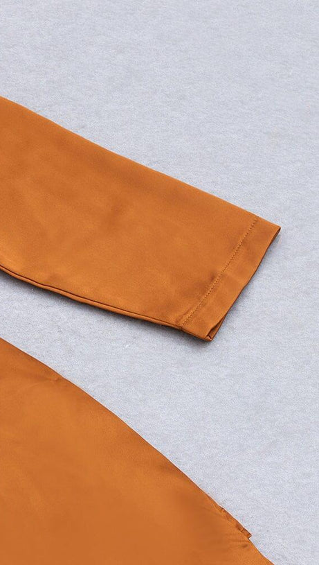 IRREGULAR RUFFLED BUTTOCK WRAP DRESS IN CARAMEL