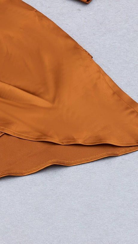 IRREGULAR RUFFLED BUTTOCK WRAP DRESS IN CARAMEL