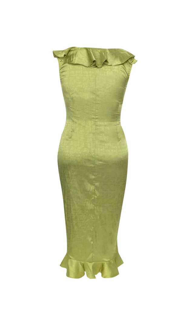 AIIZIE PLUS RUFFLE TRIM SATIN DRESS IN GREEN - product image