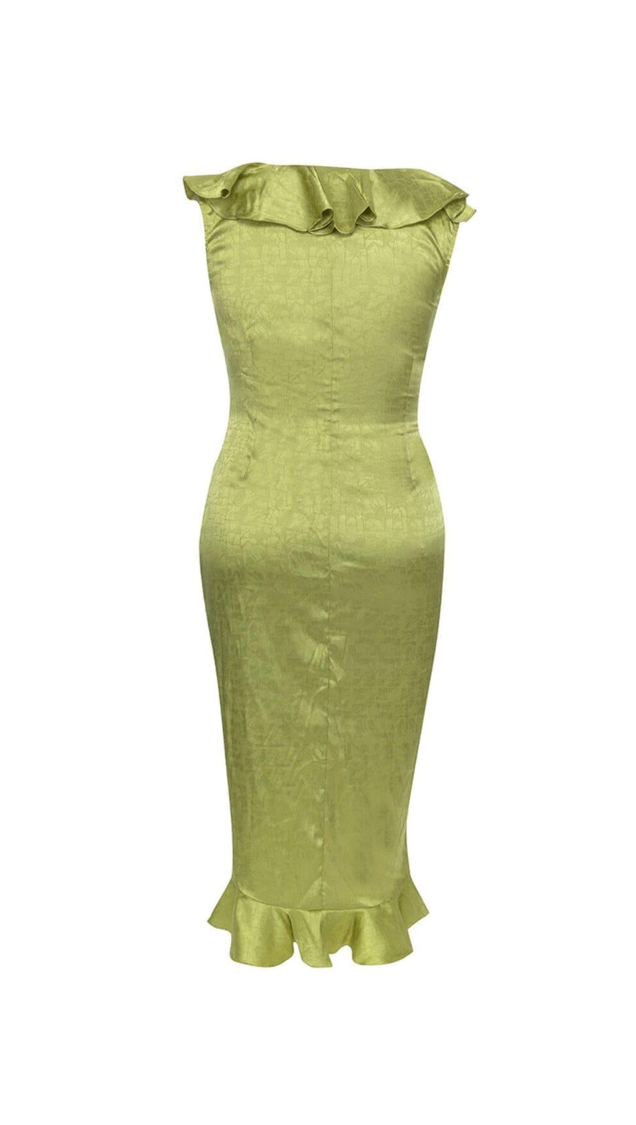 PLUS RUFFLE TRIM SATIN DRESS IN GREEN