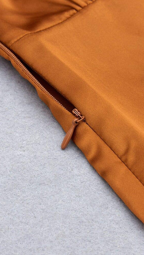 IRREGULAR RUFFLED BUTTOCK WRAP DRESS IN CARAMEL