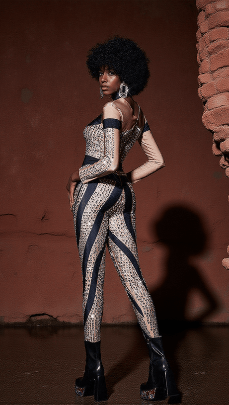 LEATRICE SQUARE RHINESTONE STRIPE JUMPSUIT