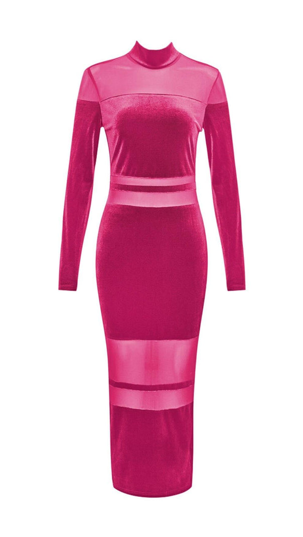 AIIZIE VELVET PERSPECTIVE TULLE STITCHING BAG HIP DRESS IN ROSE RED - product image