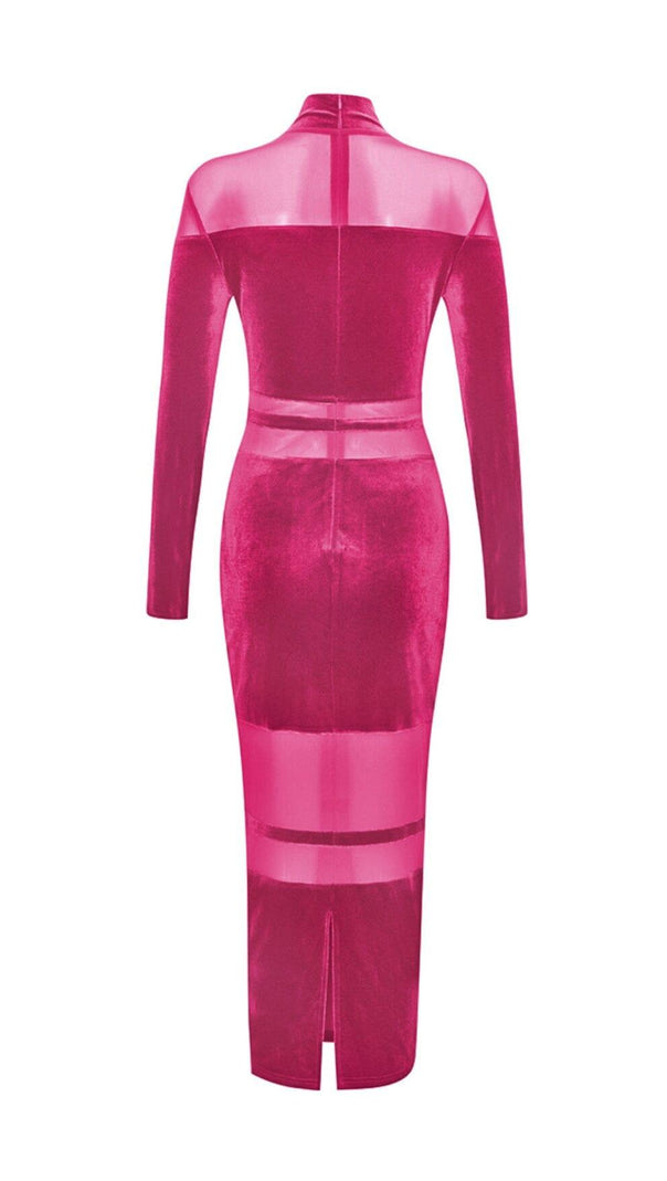 AIIZIE VELVET PERSPECTIVE TULLE STITCHING BAG HIP DRESS IN ROSE RED - product image