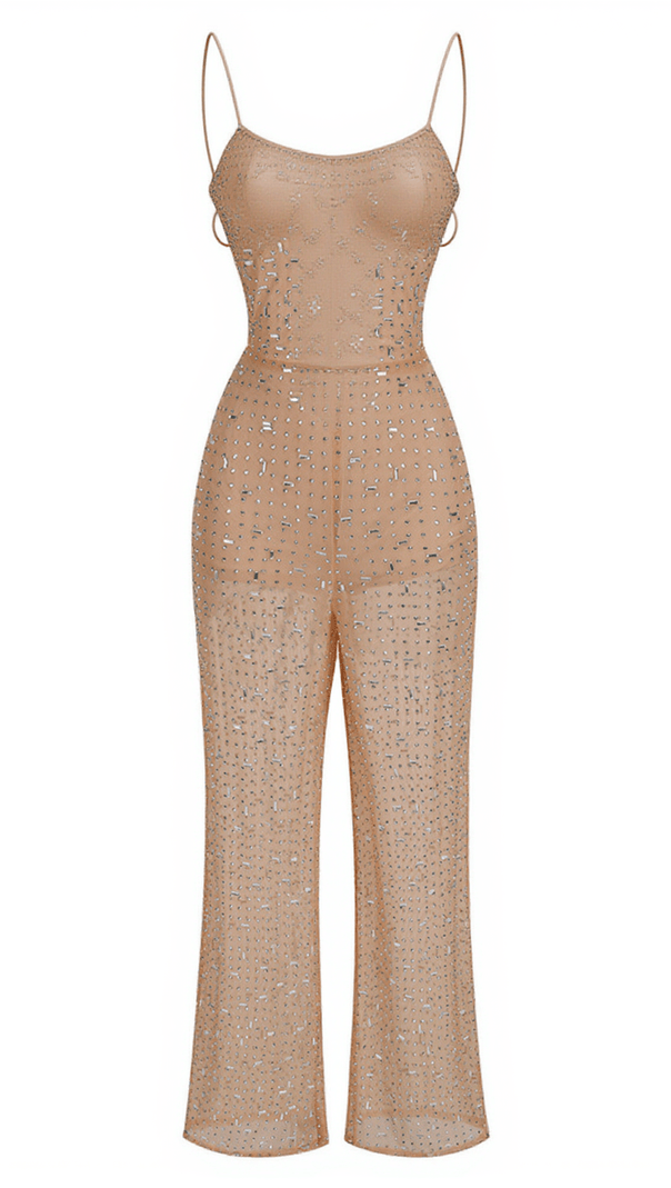 AIIZIE KACEY BACKLESS EMBELLISHED MESH JUMPSUIT - product image
